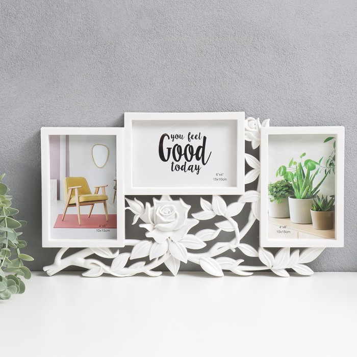 Фоторамка - коллаж на 3 фото 10×15 см «Роза в листьях», пластик, белая, 40×21.5 см