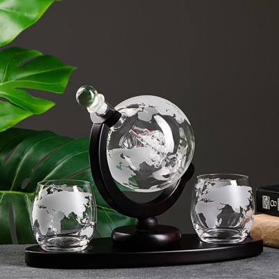 Мини-бар на подставке «Глобус», 3 предмета: графин 850 мл, стакан 2 шт. 300 мл, стекло, дерево