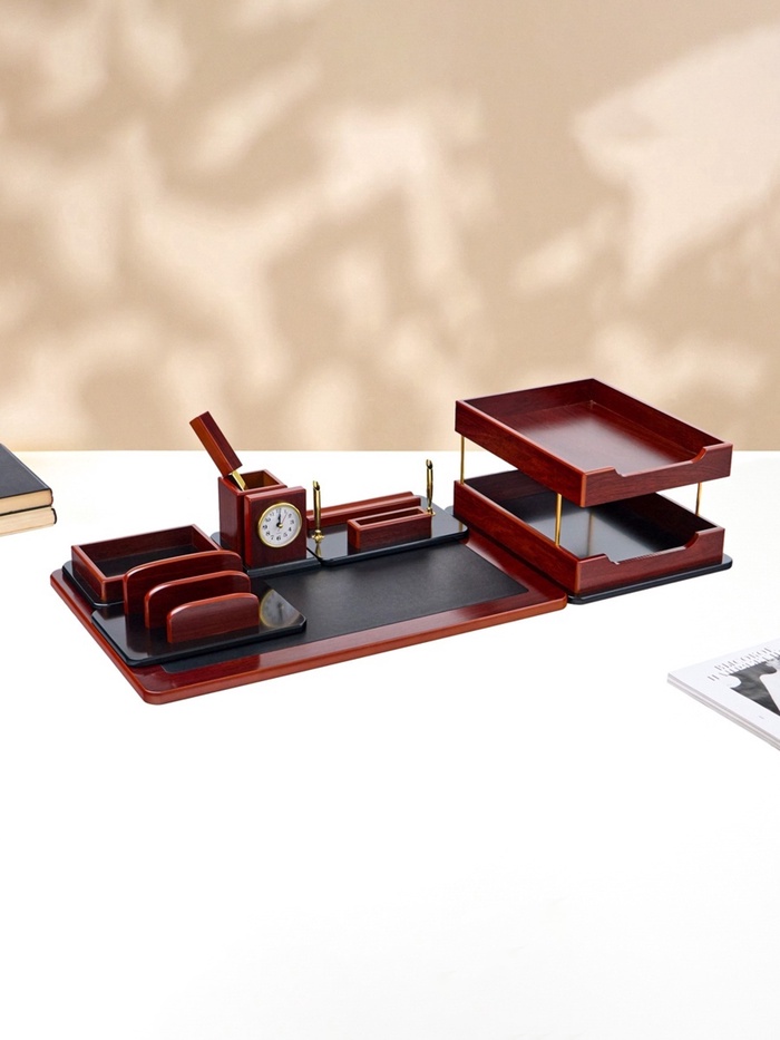 Набор настольный 7 в1 (карандашница, подставка для ручек, визитница, часы Д-009, этажерка, нож, подставка) - Фото 1