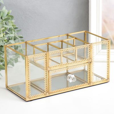 Шкатулка для косметики и украшений с ящичком «Золотой узор», стекло, 10.3×10.3×23.3 см