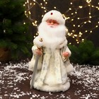 Дед Мороз "С фонариком на посохе и узорами на шубке" двигается, 30х14 см, белый - фото 109039247