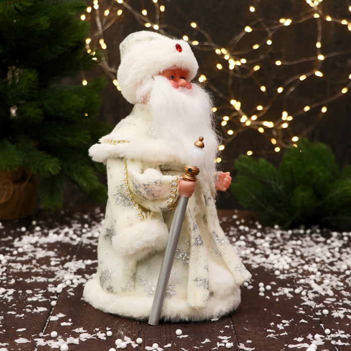 Дед Мороз "С фонариком на посохе и узорами на шубке" двигается, 30х14 см, белый - фото 1908990921
