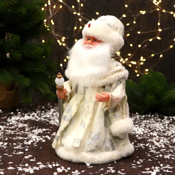 Дед Мороз "С фонариком на посохе и узорами на шубке" двигается, 30х14 см, белый - фото 1908990923