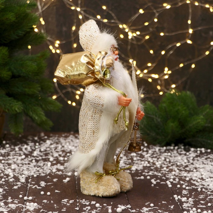 Дед Мороз "С бантиками на ботиночках и с фонариком" 30 см, золотисто-белый - фото 1908990933
