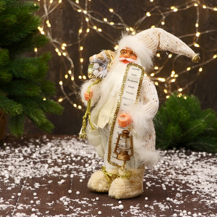 Дед Мороз "С бантиками на ботиночках и с фонариком" 30 см, золотисто-белый - фото 1908990935