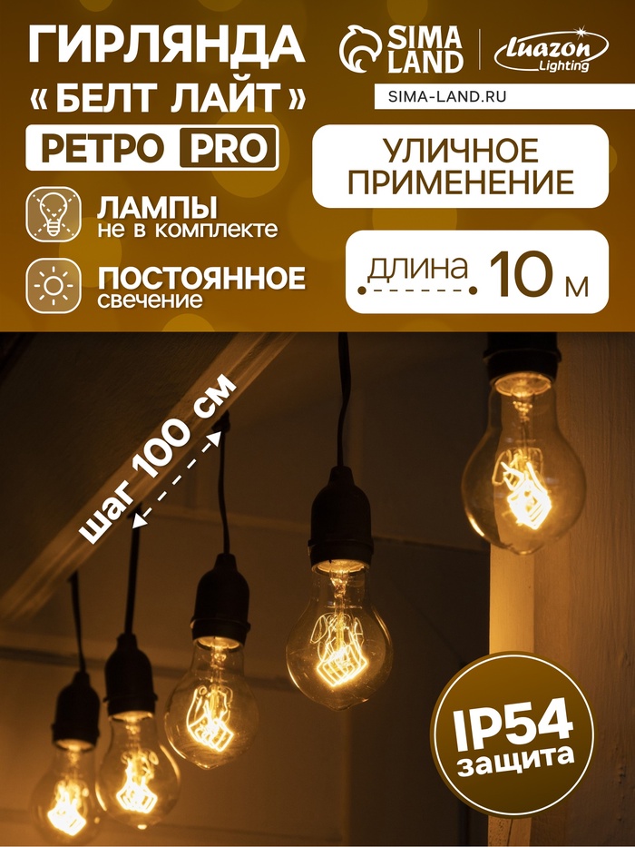 Гирлянда «Ретро белт-лайт» 10 м, IP54, УМС, тёмная нить, шаг 100 см, Е27 (без ламп), 220 В - Фото 1