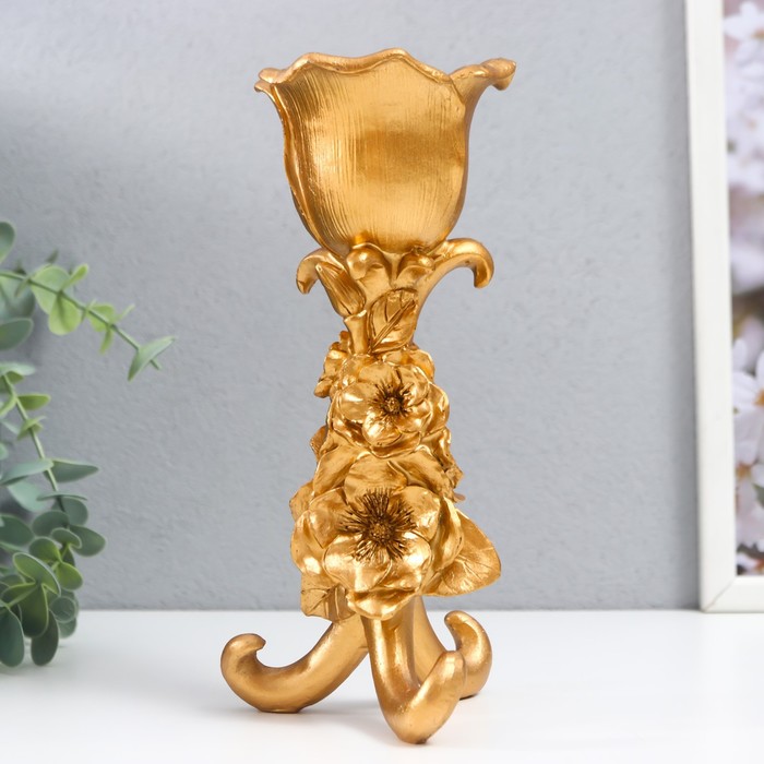 Подсвечник полистоун на 1 свечу "Цветочная тринога" золото 21х9,5х9,5 см - Фото 1