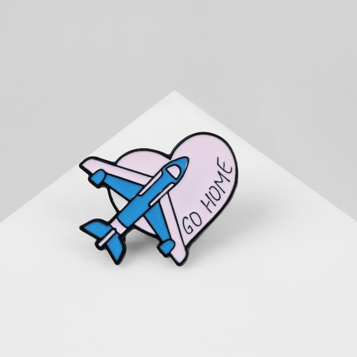 Значок «Самолёт» в сердце, цвет розово-голубой в чёрном металле - Фото 1