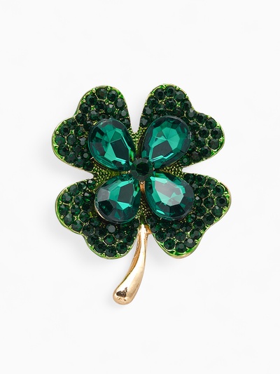 Брошь «Клевер» на удачу, цвет изумрудный в золоте