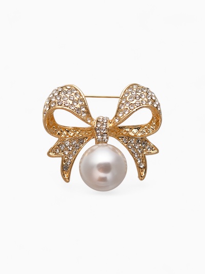 Брошь «Жемчужинка», классический бантик, белая в золоте