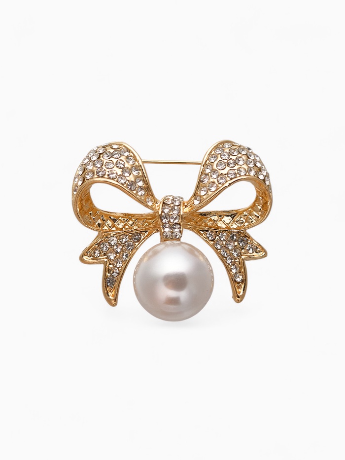 Брошь «Жемчужинка», классический бантик, белая в золоте - Фото 1