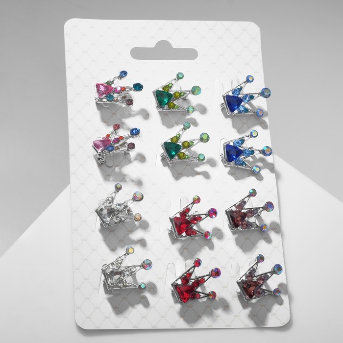 Брошь «Корона» с тремя лучами, цвет МИКС в серебре (неделимая фас.12шт, цена за шт) - Фото 1