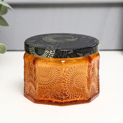 Банка для свечей стеклянная с крышкой «Цветочная» оранжевая, многогранник 5×7×7 см