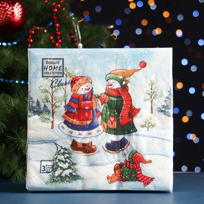 Салфетки бумажные "Home Collection Classic" Снеговик на катке, 3 слоя, 33x33, 20 шт - Фото 1