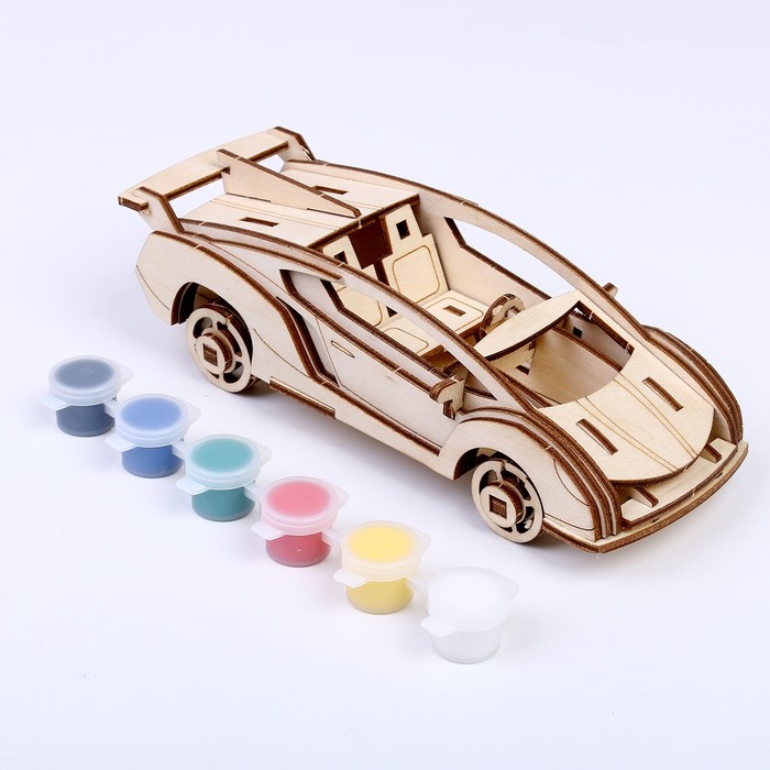 Конструктор из дерева «Спортивная машина», 19.1×8.1×5.8 см, в комплекте краски, кисточка и наждачная бумага - Фото 1