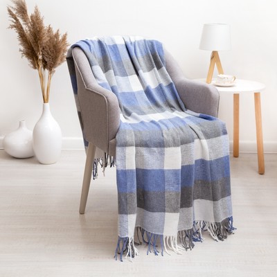 Плед с бахромой «Пикник» 140×200 см, белый-синий-серый