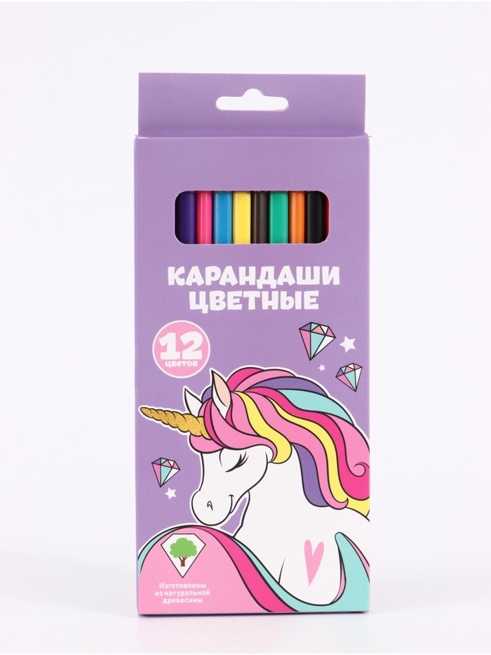 Цветные карандаши 12 цветов, Единорог, «Мышка» - Фото 1