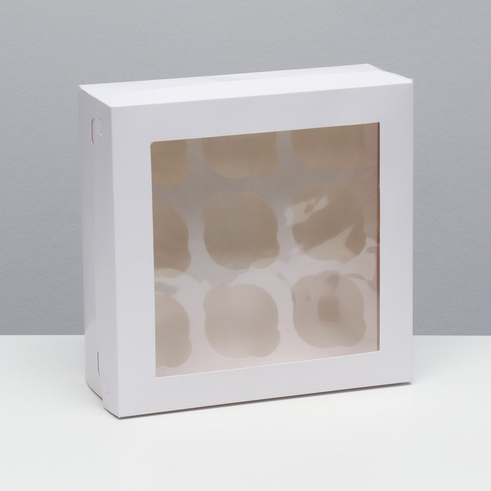 Упаковка под 9 капкейков с окном, белая, 25 х 25 х 10 см - Фото 1