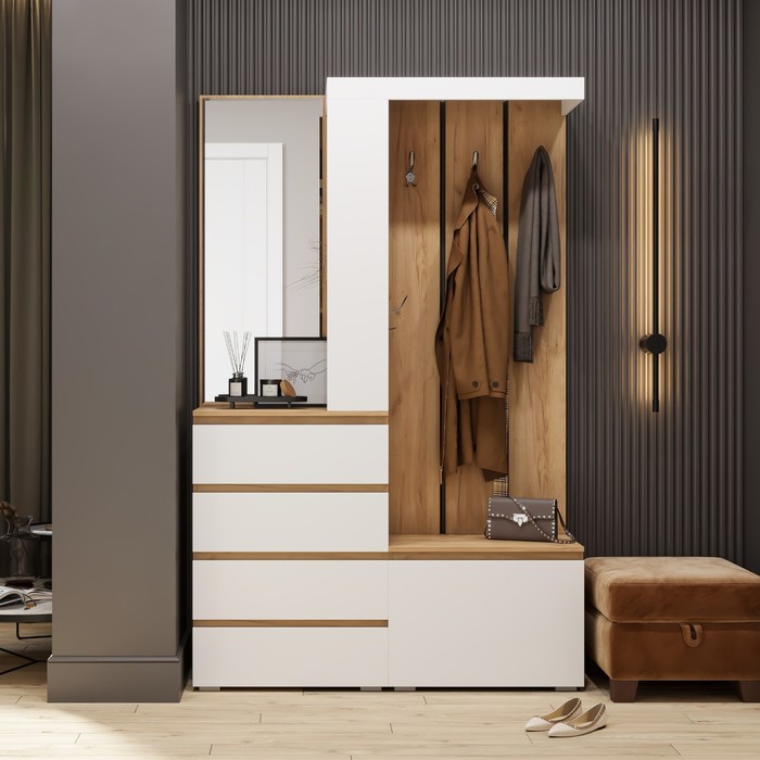 Прихожая «Клик Мебель. Крона», с зеркалом, 1260×350×1980 мм, цвет белый/дуб крафт золотой - Фото 1