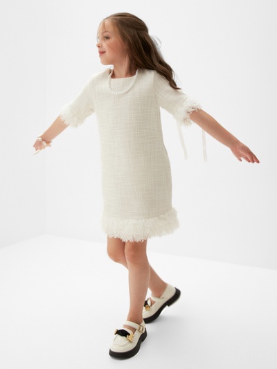 Платье нарядное для девочки MINAKU: PartyDress с перьями, белое, рост 140-146 см