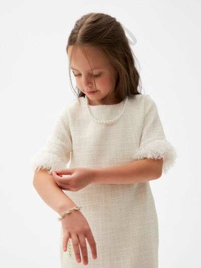Платье нарядное для девочки MINAKU: PartyDress с перьями, белое, рост 140-146 см