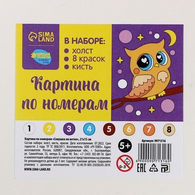 Картина по номерам для детей «Совушка на ветке», 21×15 см