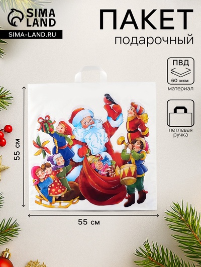 Пакет новогодний «Хоровод», полиэтиленовый с петлевой ручкой, 55×55 см, 60 мкм