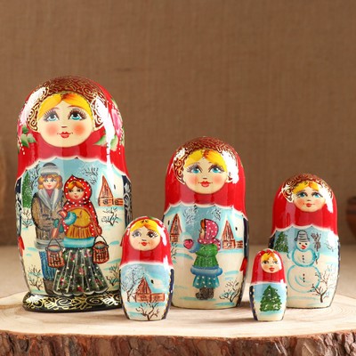 Матрёшка дерево «Парочка», красный платок, 5 кукольная, люкс, МИКС