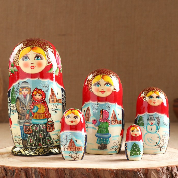 Матрёшка «Парочка», красный  платок,5 кукольная,  люкс - Фото 1
