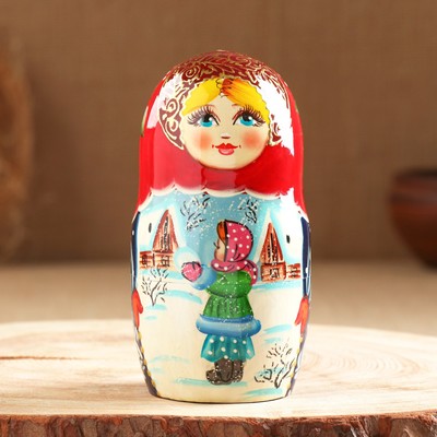 Матрёшка дерево «Парочка», красный платок, 5 кукольная, люкс, МИКС