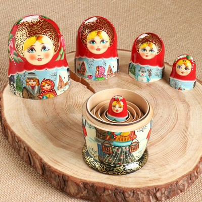 Матрёшка дерево «Парочка», красный платок, 5 кукольная, люкс, МИКС