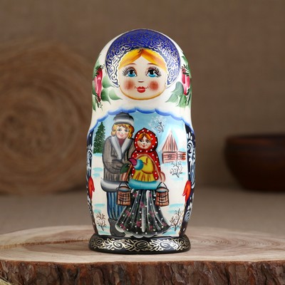 Матрёшка дерево «Парочка», красный платок, 5 кукольная, люкс, МИКС