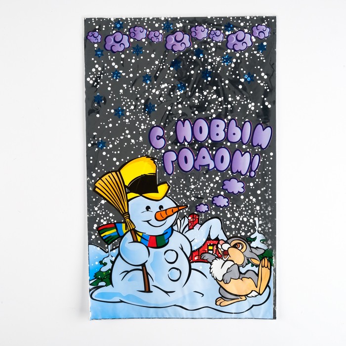 Пакет подарочный "Снеговик и заяц" 25 х 40 см, цветной металлизированный рисунок - Фото 1