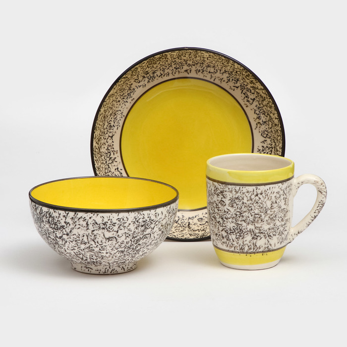 Набор посуды "Алладин", керамика, желтый, 3 предмета: салатник 700 мл, тарелка 20 см, кружка 350 мл, 1 сорт, Иран - Фото 1