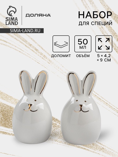 Набор для специй Доляна «Зайка в золотом», солонка, перечница 50 мл, доломит, белый