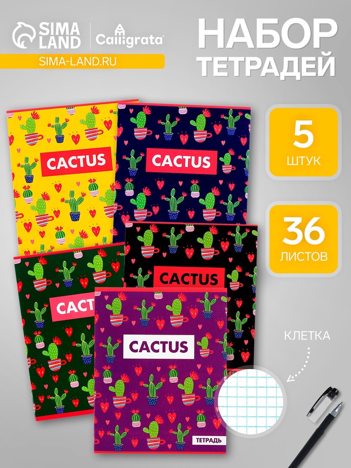 Тетради 36 листов в клетку, Calligrata «Кактус», 5 штук - Фото 1