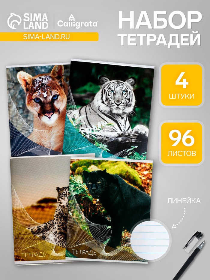 Набор тетрадей, 96 листов в линейку, Calligrata «Дикие кошки», серые листы, 4 штуки