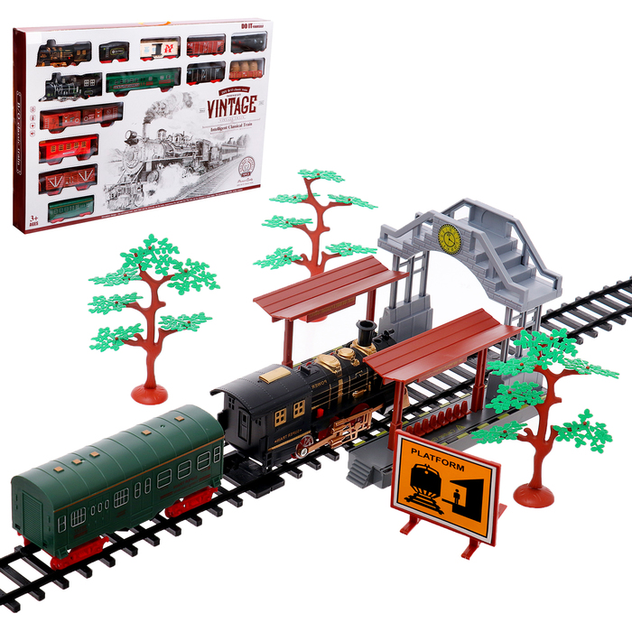 Железная дорога «Винтаж», 2 состава в комплекте, свет и звук, работает от батареек - Фото 1