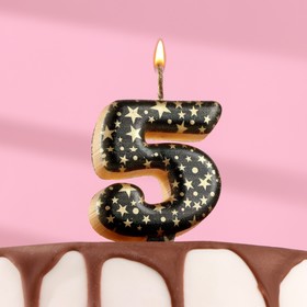 Свеча в торт "Саната", цифра "5", черная с золотыми звездами, 5,5 см
