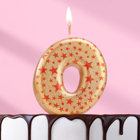 Свеча в торт "Саната", цифра "0", золотая с красными звездами, 5,5 см