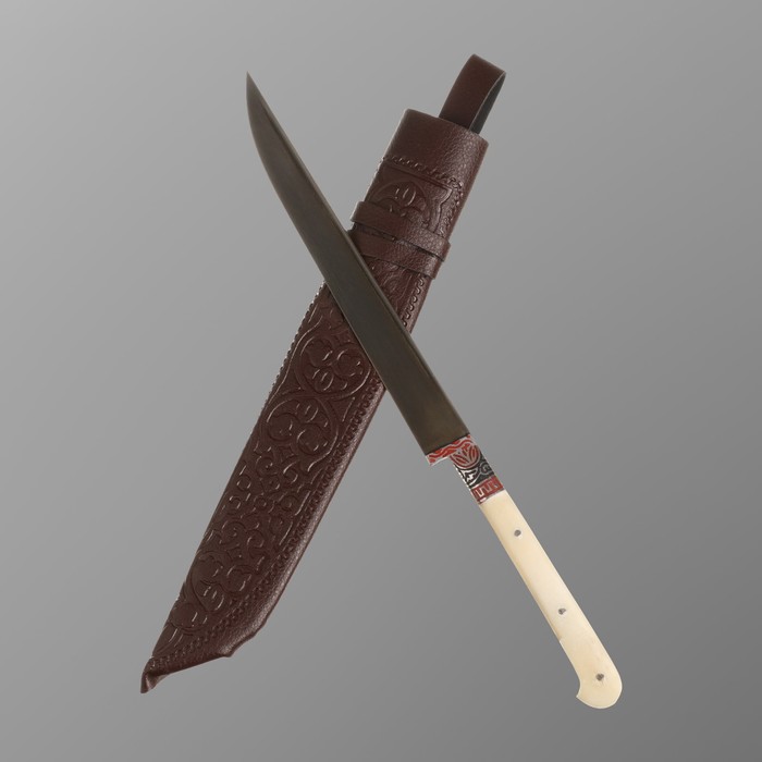 Нож Корд Куруш - Большой узкий, кость, ёрма, гарда гравировка олово. ШХ-15 (17-18 см)