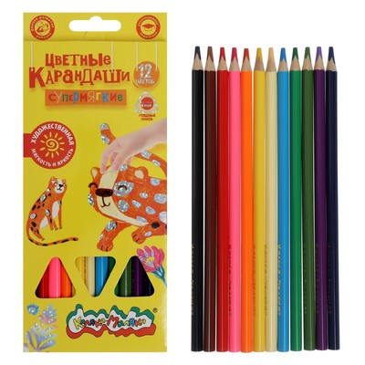 Карандаши цветные «Каляка-Маляка. ПРЕМИУМ», 12 цветов, супермягкие, утолщённый стержень, трёхгранный корпус