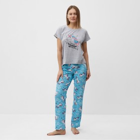 Комплект домашний женский "Единорог" (футболка/брюки), цвет серый/голубой, размер 52