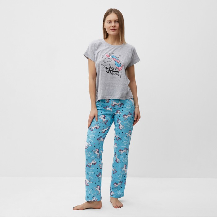 Комплект домашний женский Единорог (футболка/брюки), цвет серый/голубой, размер 52