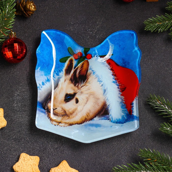 Блюдо стеклянное сервировочное Доляна «Подарок. Кролик в шапке», 15,1×17,3 см - Фото 1