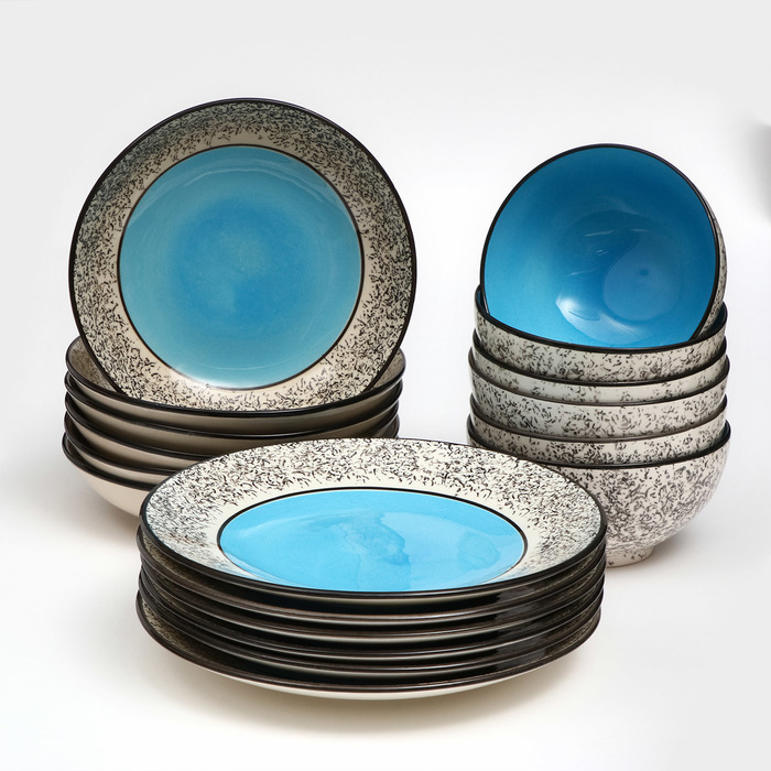 Набор керамической посуды "Восточный", 18 предметов: 6 шт-20 см, 6 шт-25 см, 6 шт-15 см, 700 мл , синий, 1 сорт, Иран - Фото 1