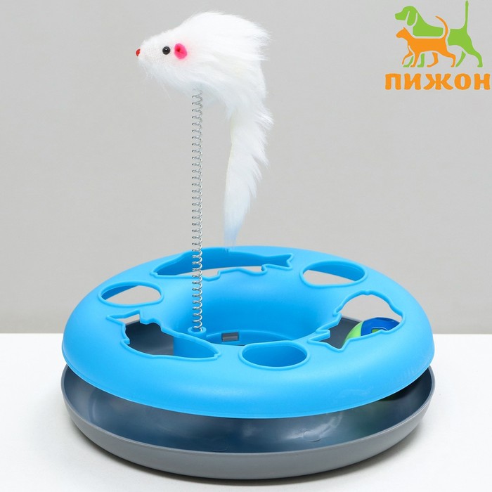 Игрушка для кошек "Загадочный круг - Рыбки", мышь на пружине и шарик, 23 х7 см, голубая/серая - Фото 1