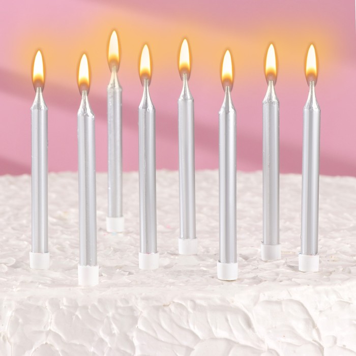 Набор свечей для торта "Манхеттен", 9 см, 8 шт, 24 мин, серебряный металлик - Фото 1