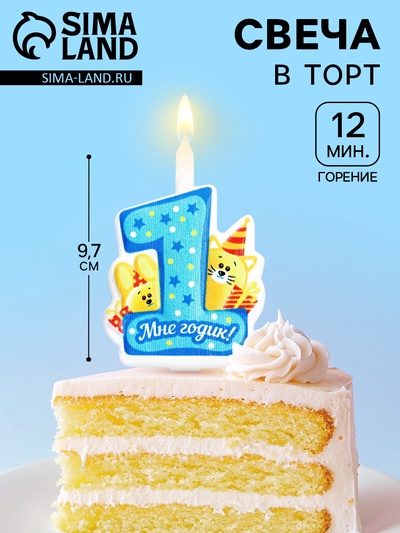 Свеча в торт «Мне годик!» с котом и кроликом, 9.7 см, 12 мин, 40 г