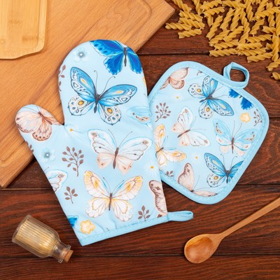 Кухонный набор 2 прихватки Этель «Бабочки», прихватка 17×17 см, варежка 24×16 см, 100% п/э